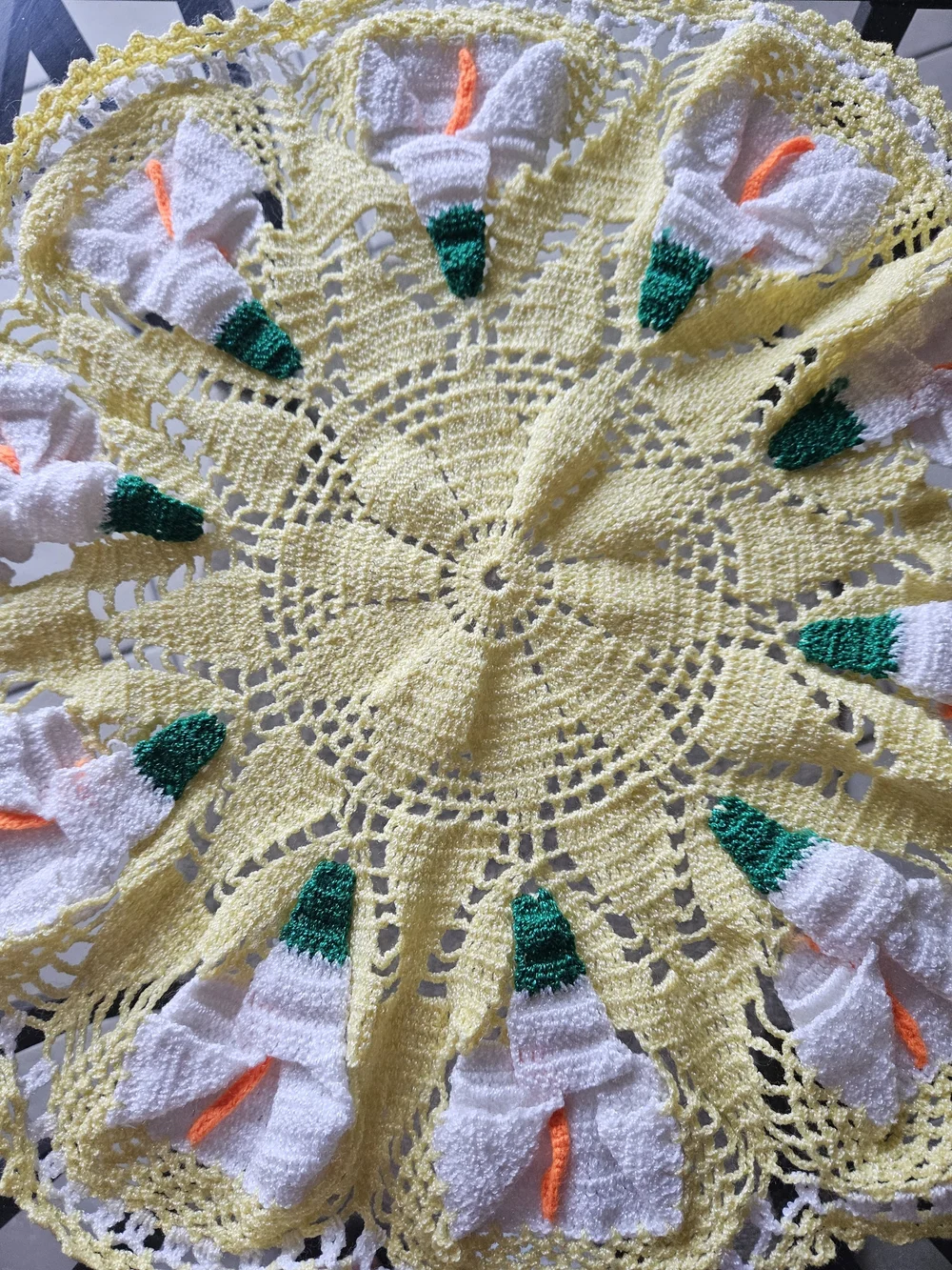Yellow Crochet Floral Doily with White & Green Accents